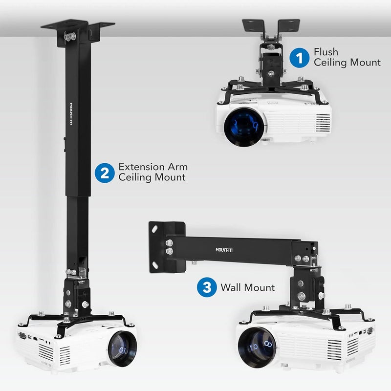 Mount-It! Projector Ceiling Mount and Wall Mount with Adjustable Arm, Universal Projector Mount for LCD/DLP Projectors, Flush Mount Option, Built-in Cable Management, 40lb Capacity, Black - Image 2